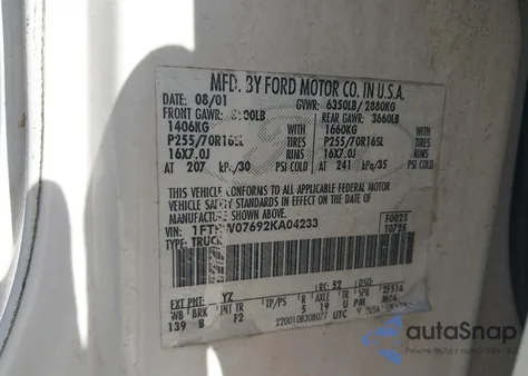 2002 Ford F-150 Lariat/Xlt из США, поврежденный, VIN 1FTRW07692KA04233